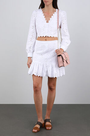 חצאית מיני לבנה עם עיטורי תחרה טרופיים MICHAEL KORS